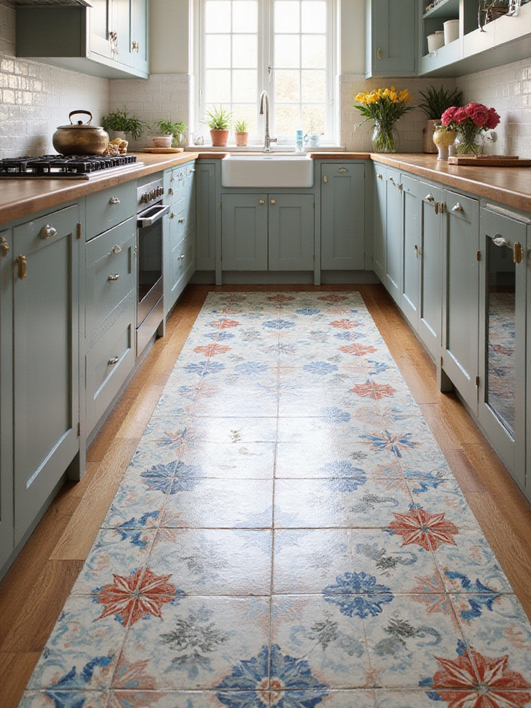 A kitchen floor showcasing vibrant patterned tiles, designed to add visual interest.