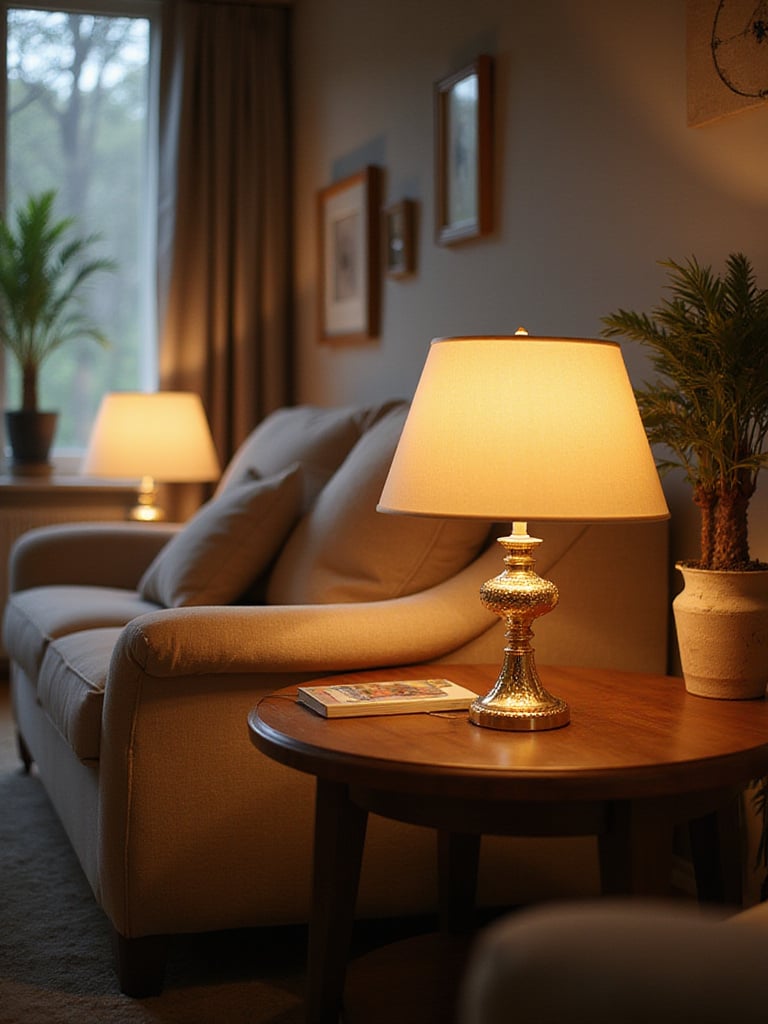 Cozy living room with elegant table lamps providing warm task lighting.