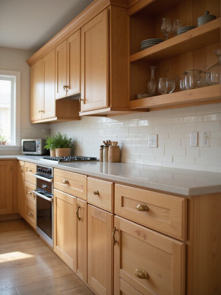 Beautifully maintained wooden kitchen cabinets in a well-organized kitchen setting.