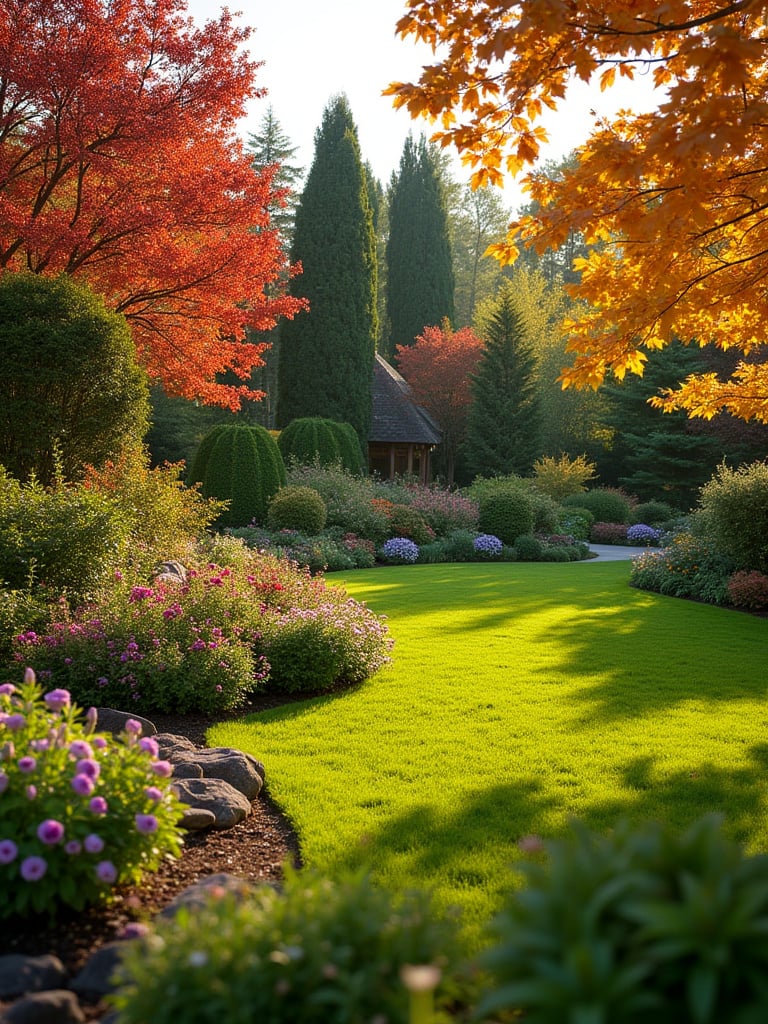 A landscaped garden showing year-round beauty with seasonal flowers, lush greenery, and winter evergreens.