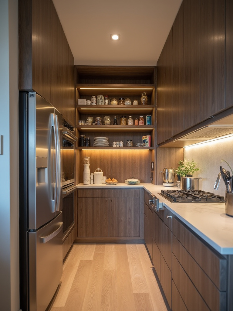 Modern kitchen with integrated pantry cabinets showcasing organized food storage and small appliances.