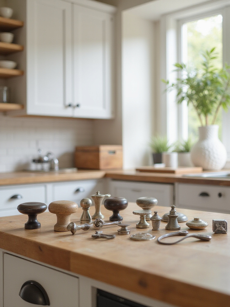 A selection of kitchen cabinet hardware displayed on a countertop.