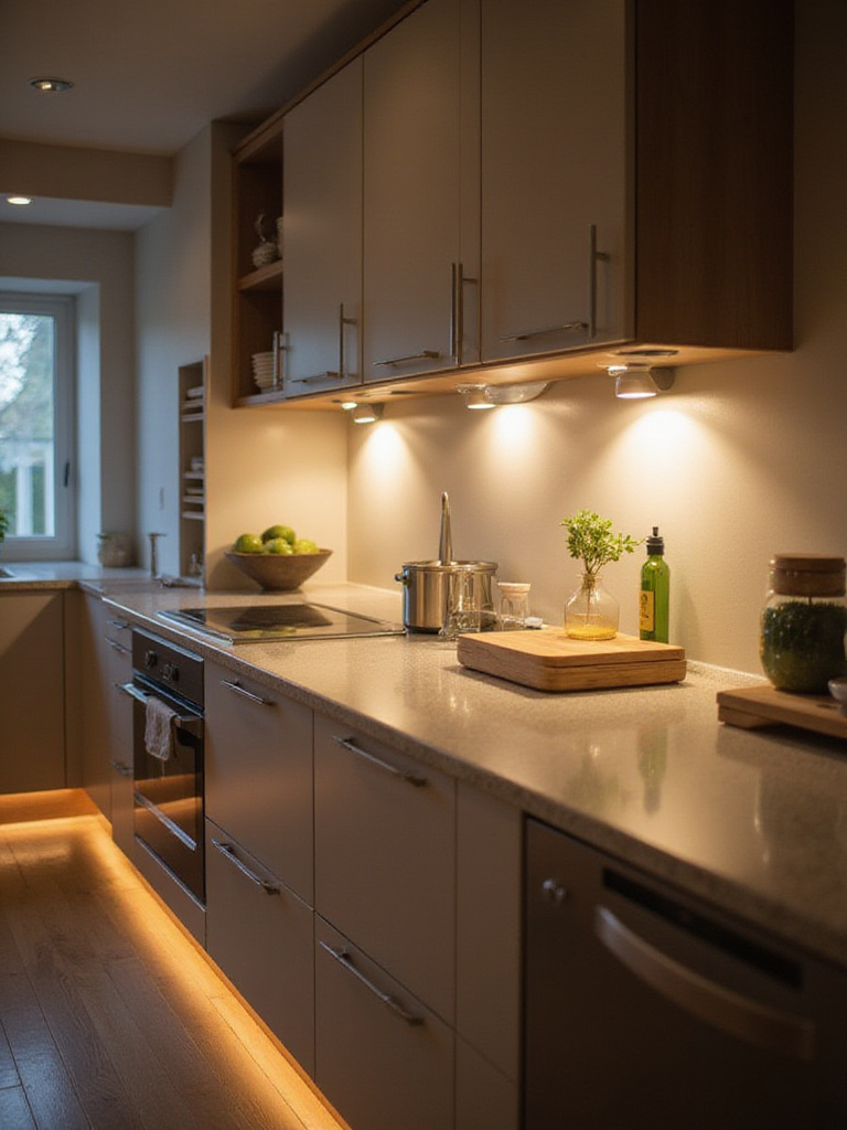 Modern kitchen with integrated cabinet lighting illuminating countertops