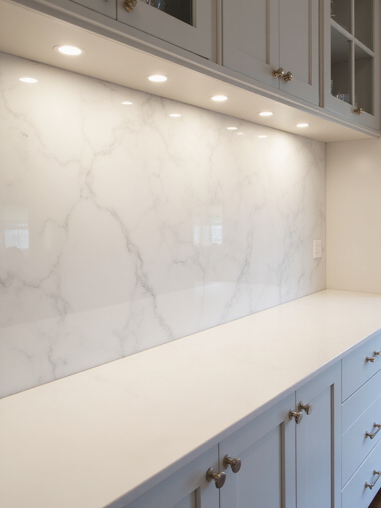 Elegant modern kitchen backsplash with marble surface and perfect lighting.