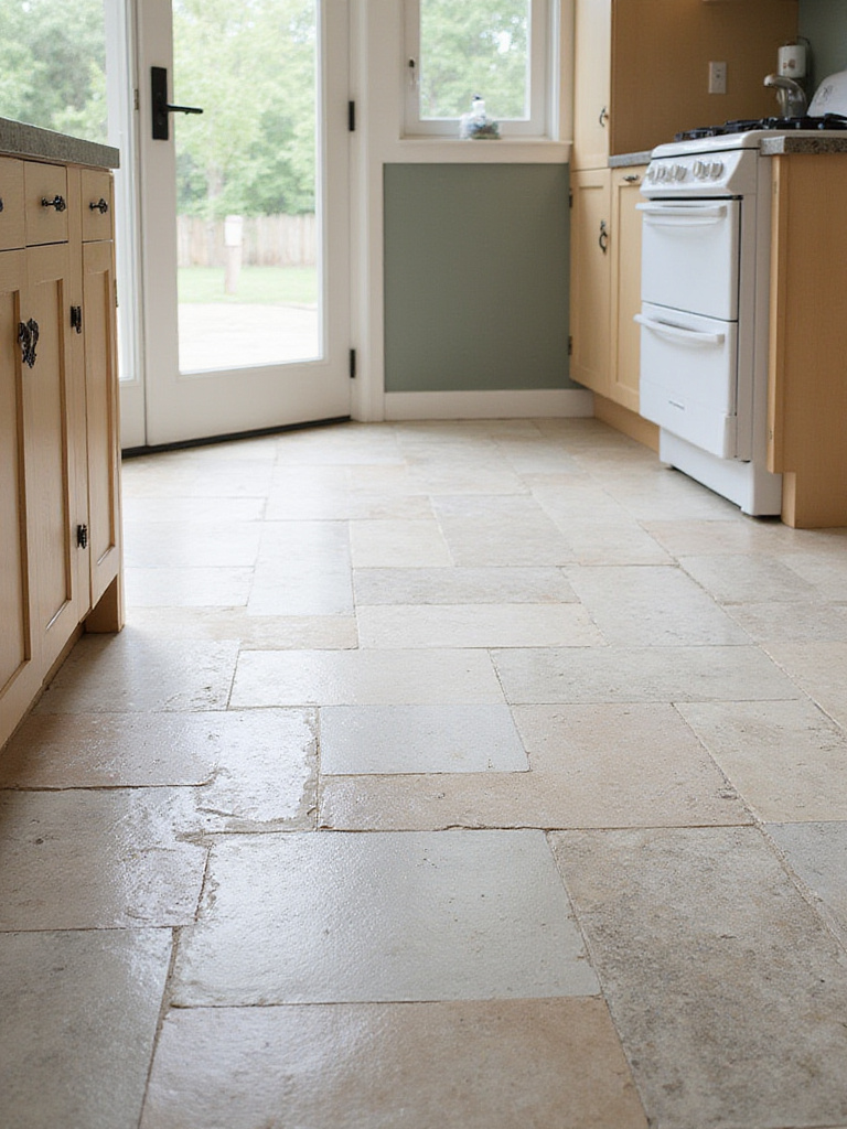 A kitchen floor featuring porcelain and ceramic tiles, showcasing their different textures and colors.