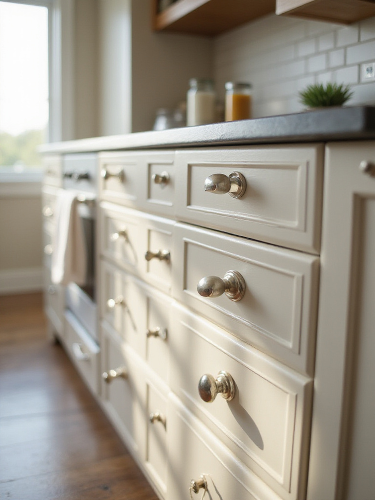 Professional photo of polished kitchen cabinet hardware in a well-lit kitchen setting.