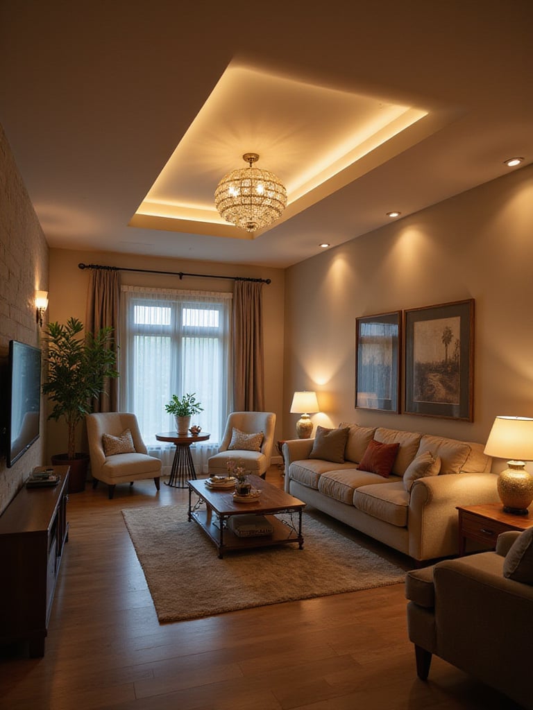 Living room with energy-efficient LED lighting creating a warm and inviting atmosphere.