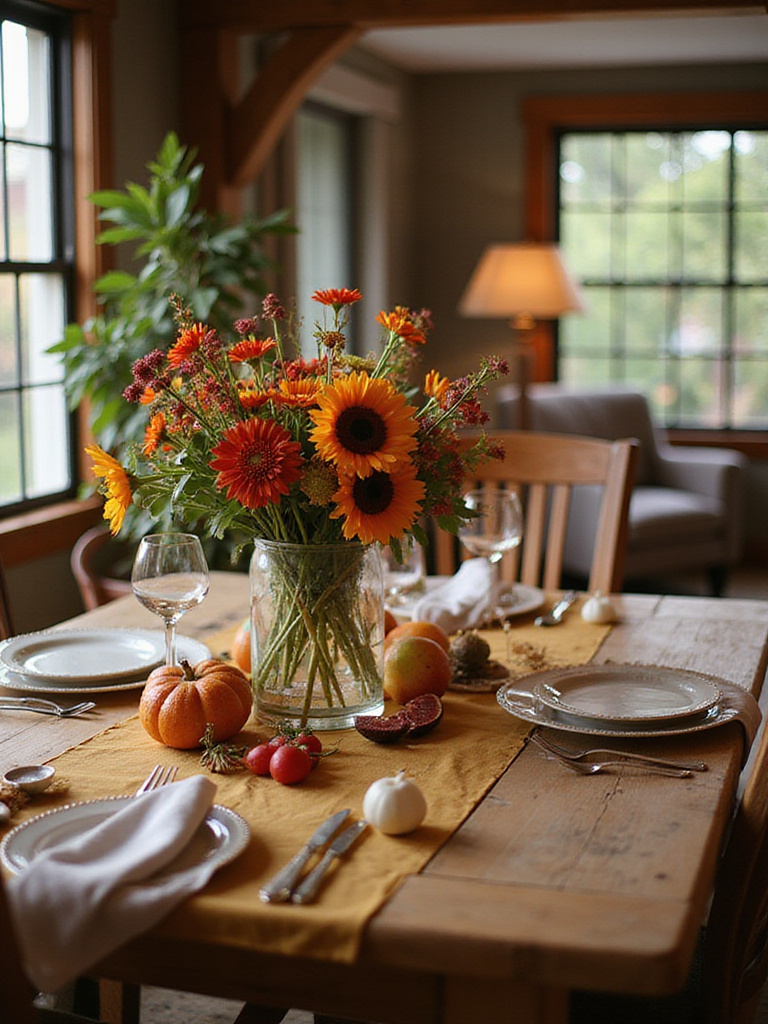 Elegant dining room set with seasonal decor, showcasing vibrant flowers and warm lighting.
