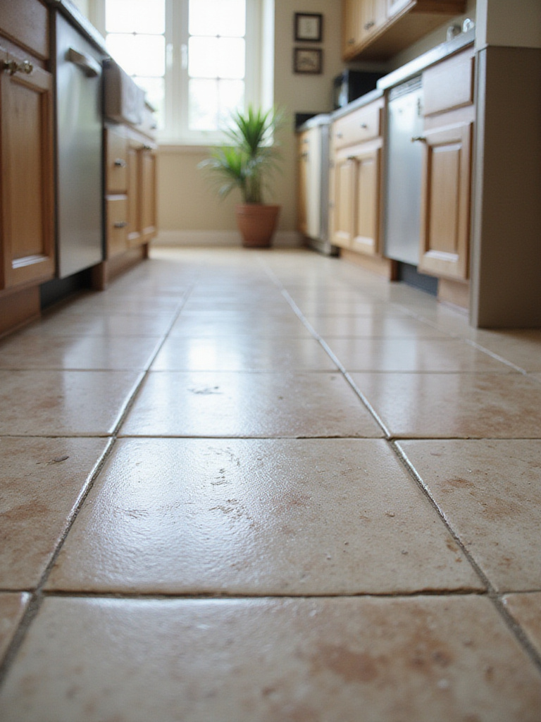 Close-up of a repaired kitchen floor tile, showcasing seamless restoration.