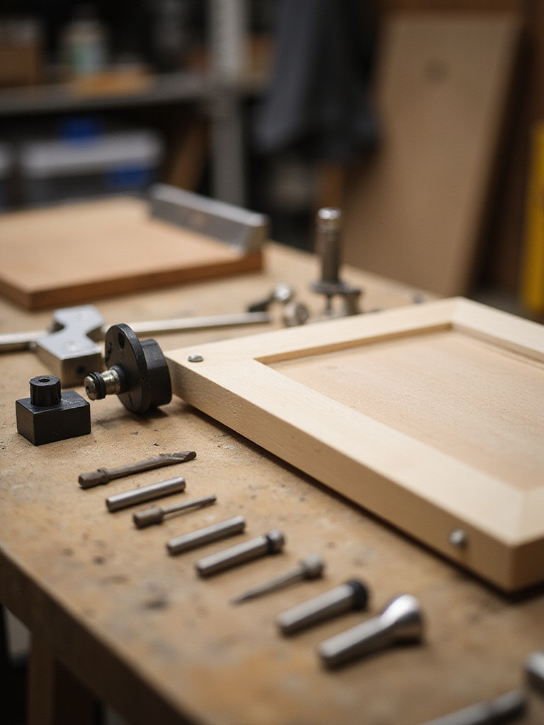 Workshop setting with cabinet hardware installation tools and a marked cabinet door.