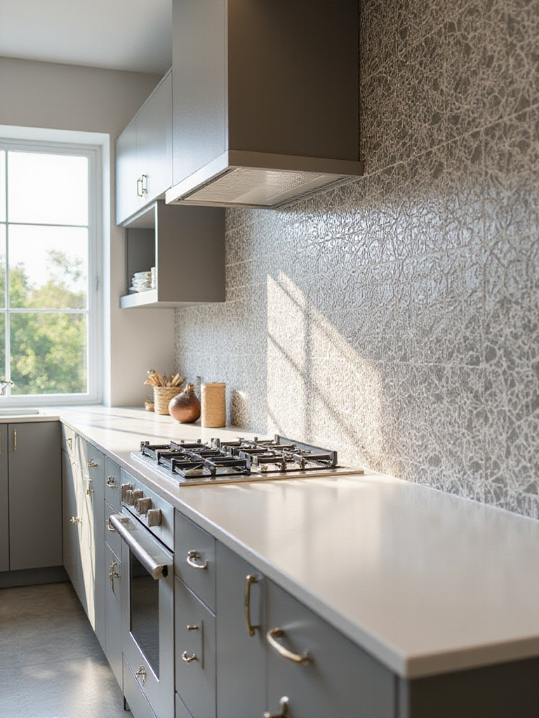Modern kitchen with a feature wall of unique patterned tiles