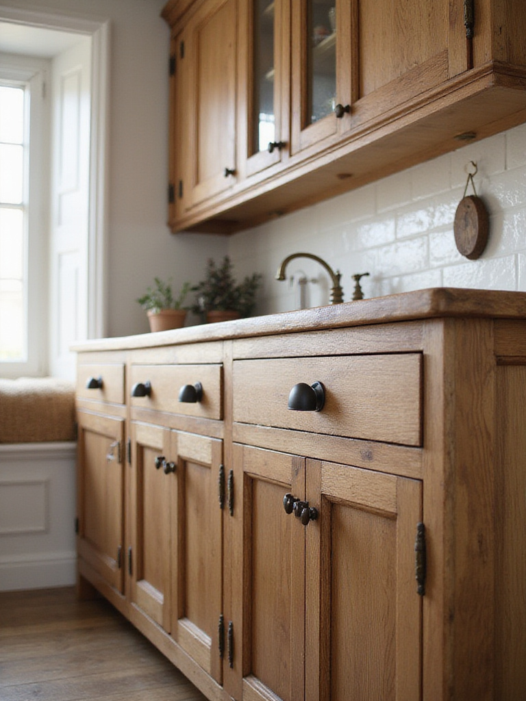 Farmhouse kitchen with rustic wooden cabinets and stylish cabinet hardware
