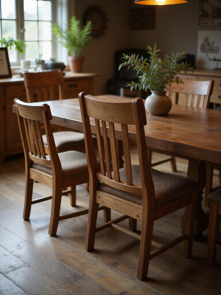 A rustic dining room with comfortable wooden chairs around a large table, showcasing warm lighting and cozy decor.