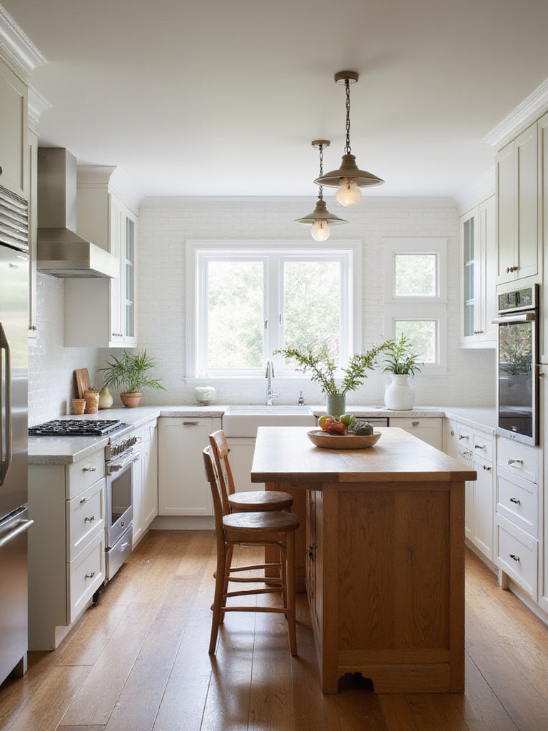 A farmhouse kitchen showcasing butcher block, quartz, and soapstone countertops with natural lighting
