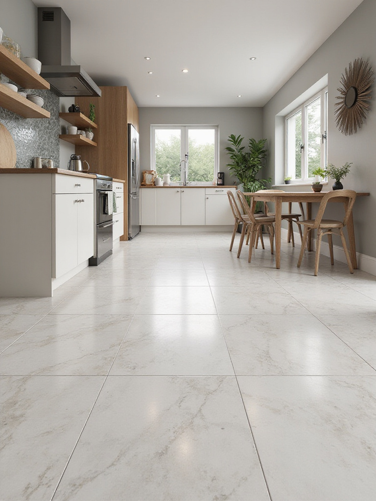 Modern kitchen with large-format porcelain floor tiles in a seamless layout