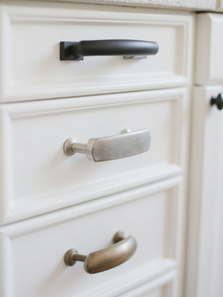 Close-up of kitchen cabinet hardware finishes: matte black, shiny polished nickel, and aged oil-rubbed bronze.