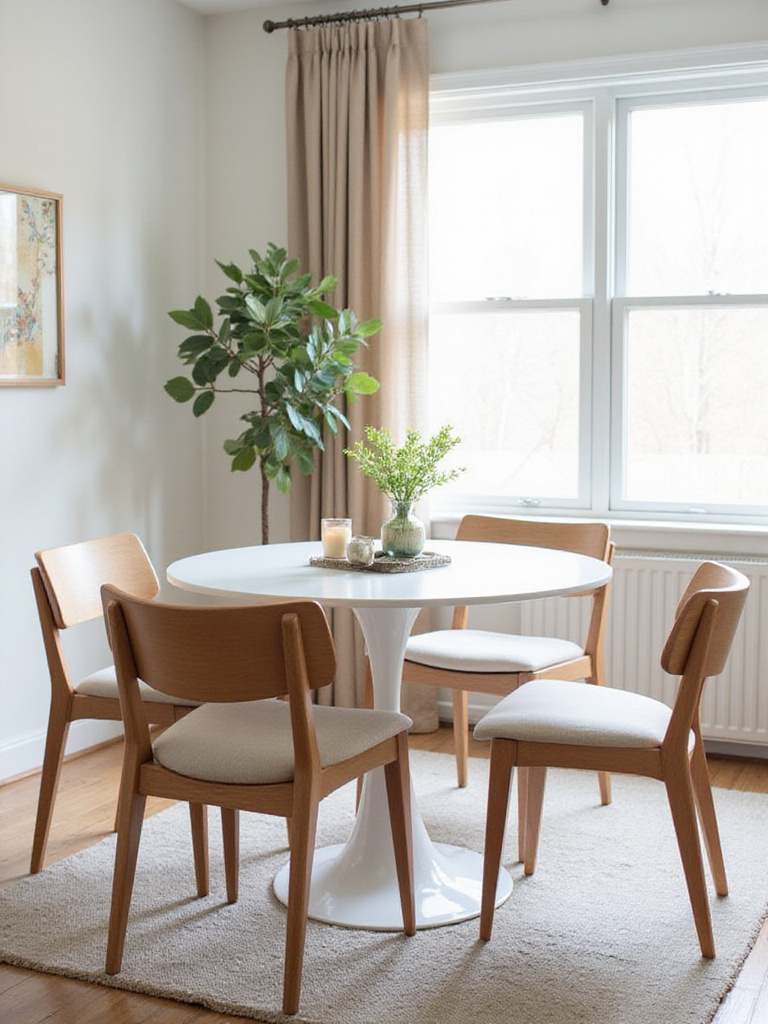 Small dining room with slim compact furniture, featuring a round pedestal table and armless chairs.