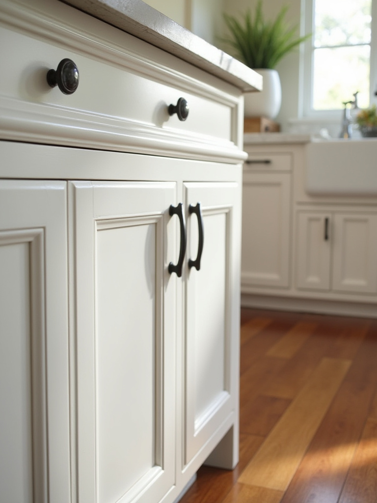 A professional kitchen showcasing different cabinet finishes: paint, stain, and laminate.