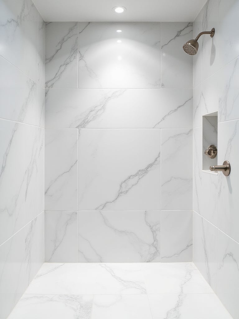 Luxurious bathroom shower with large-format polished white marble tiles
