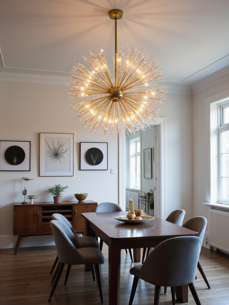 Contemporary dining room showcasing a statement chandelier above a dining table.