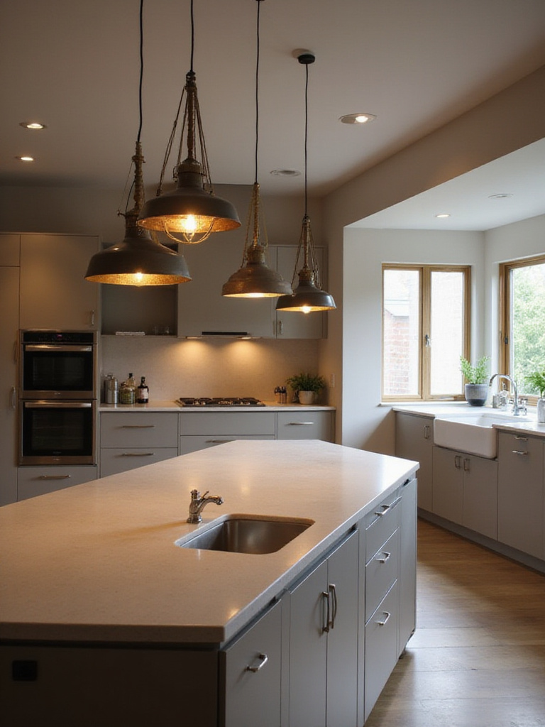 Modern kitchen featuring statement pendant lights above an island