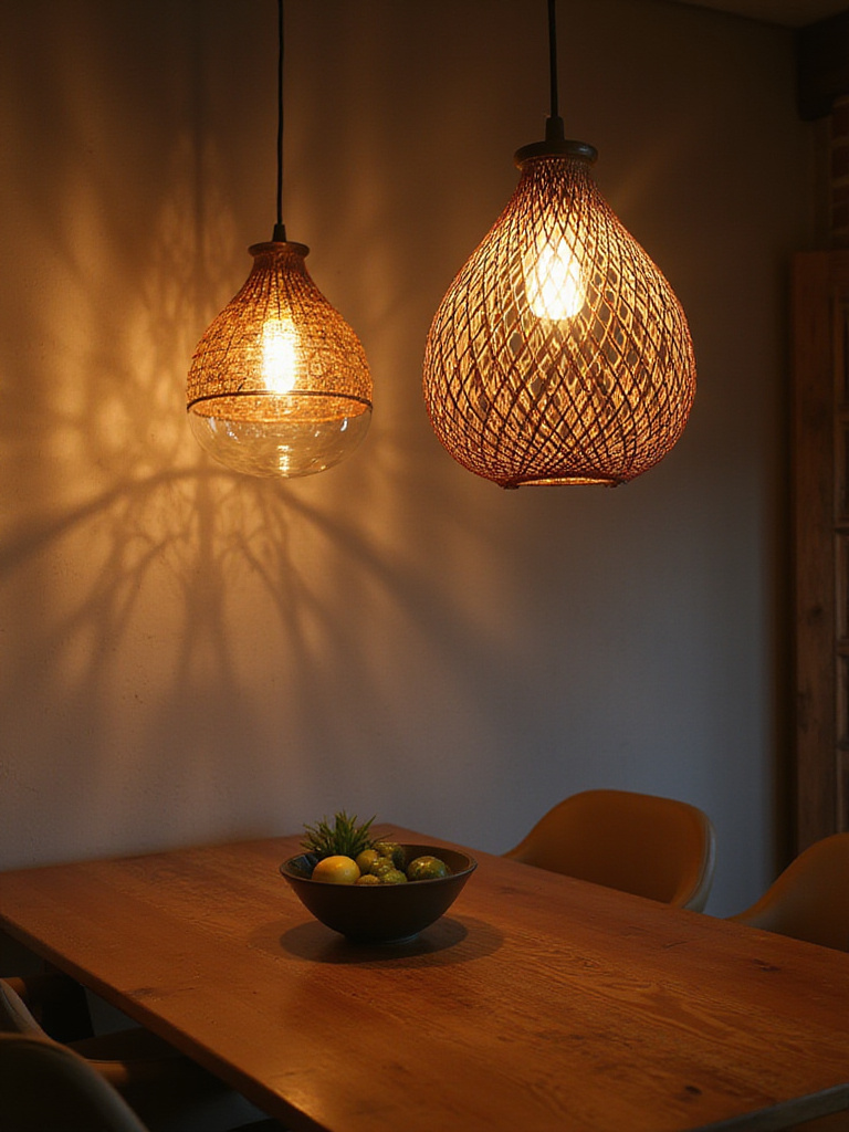A contemporary dining room with unique lighting fixtures made from organic materials, showcasing a warm ambiance.