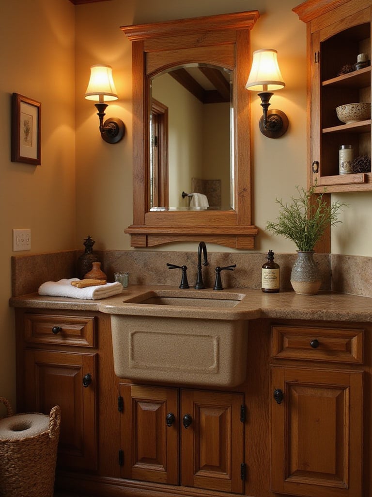 Classic farmhouse sink in a rustic bathroom setting, showcasing its deep basin and apron front.