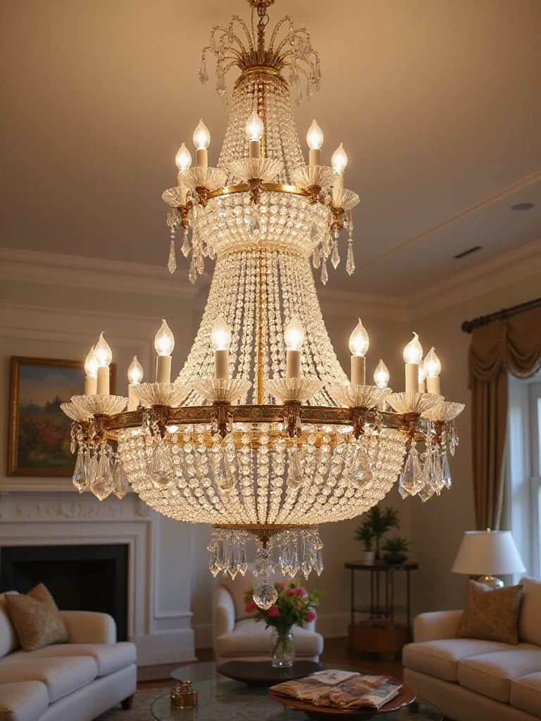 Elegant living room featuring a statement chandelier