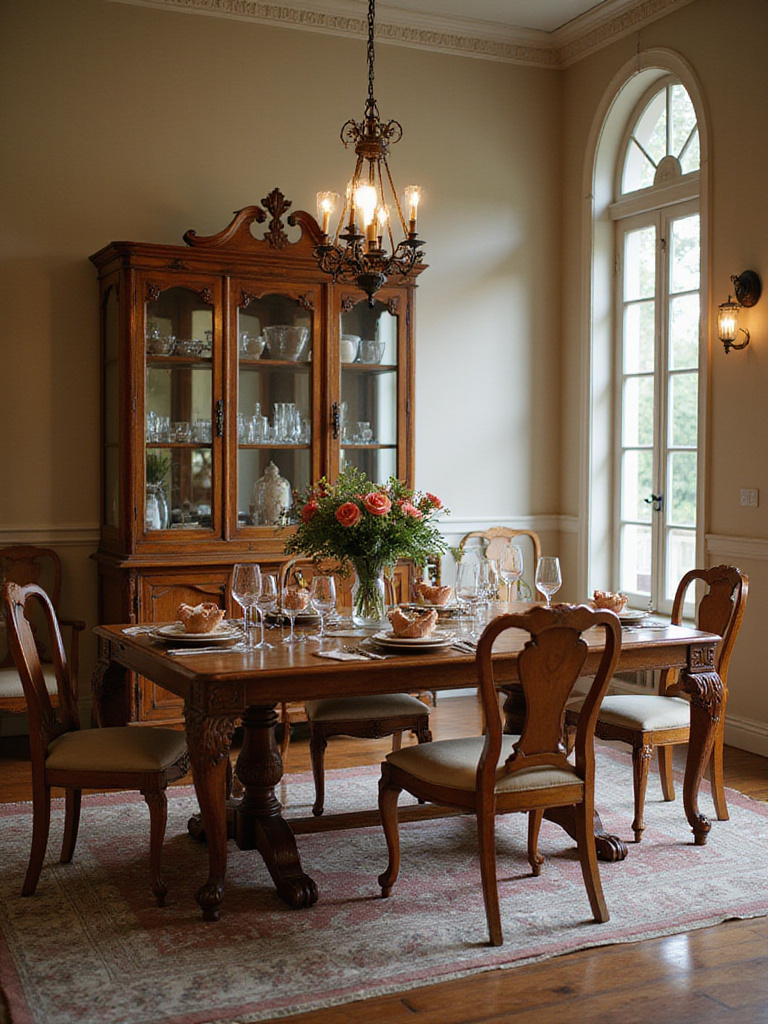 Elegant dining room with a wooden table and comfortable chairs, beautifully set for a meal.