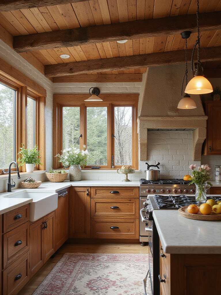 A rustic farmhouse kitchen showcasing wooden cabinets and a large sink, illuminated by natural light.