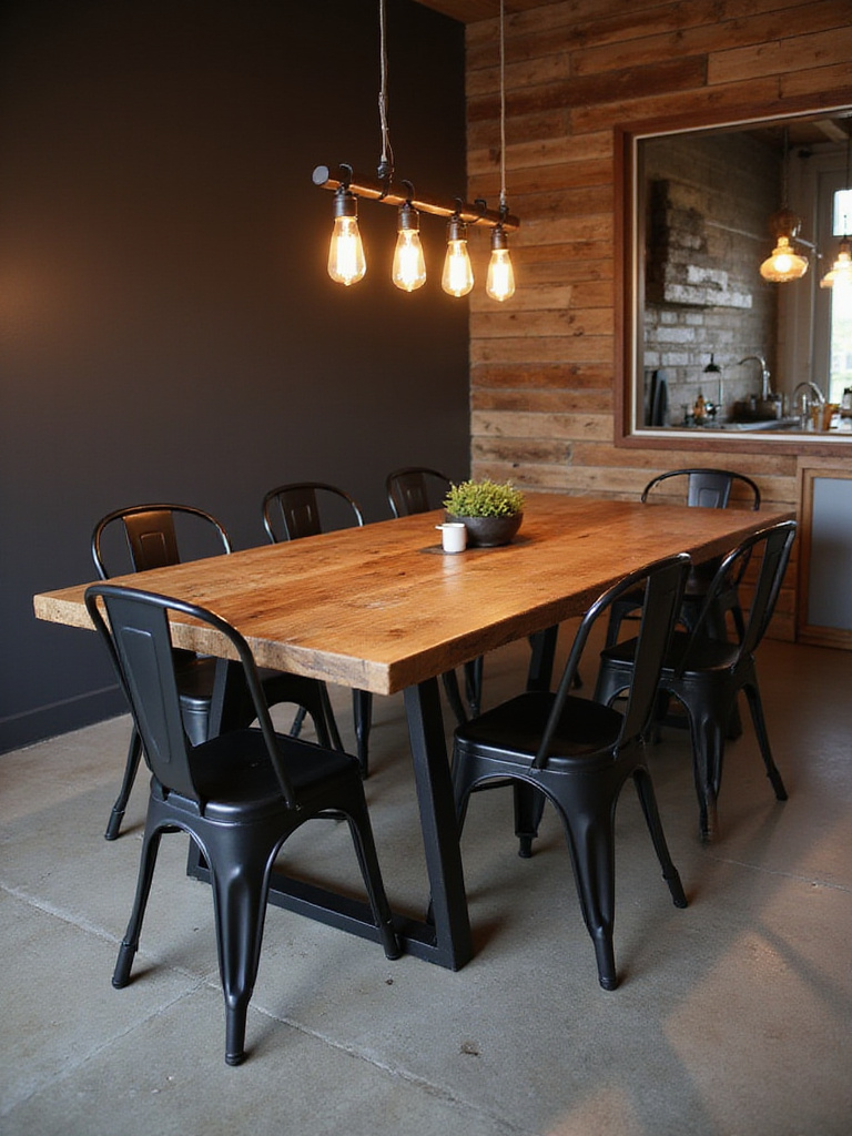 Rustic dining room with industrial accents featuring a reclaimed wood table and metal chairs.