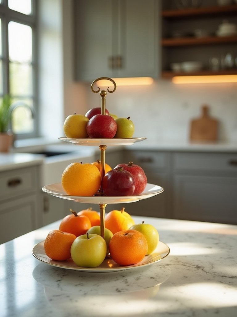 Tiered stand filled with colorful fresh fruit on a kitchen countertop