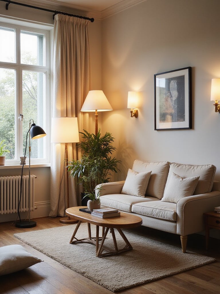 A cozy living room showcasing various creative lighting solutions without overhead wiring.