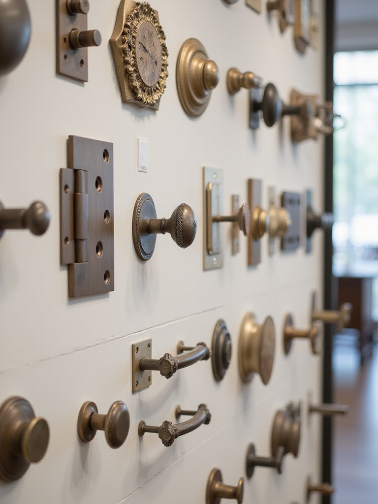 Display of quality kitchen cabinet hardware in a professional showroom setting.