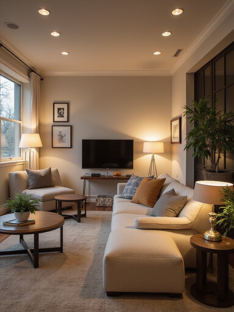 Modern living room with strategically placed outlets for flexible lamp arrangements.