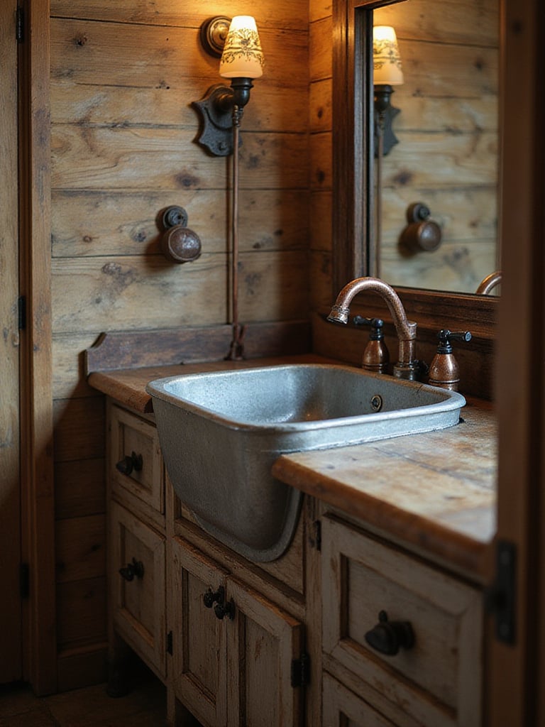 Rustic bathroom featuring galvanized metal trough sink and cast iron accents