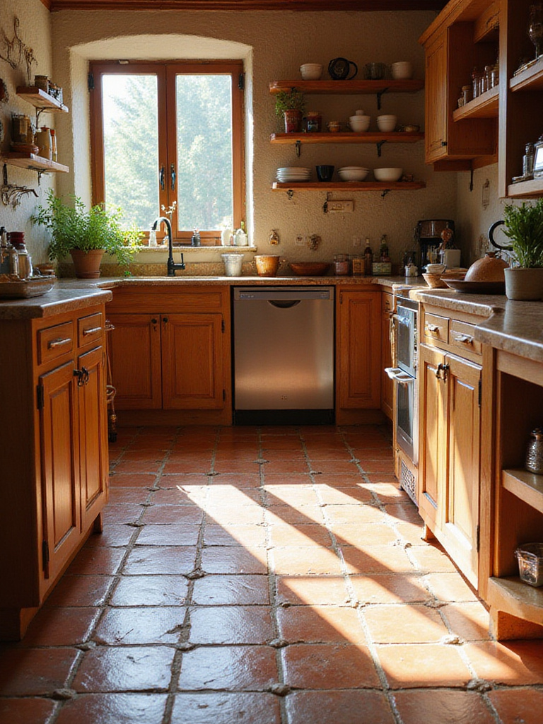Rustic kitchen with terracotta and quarry tiles showcasing warm earthy tones.