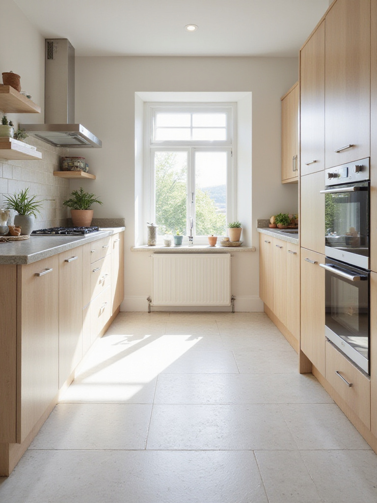 A bright, modern small kitchen with large format tiles on the floor, showcasing an open and spacious design.