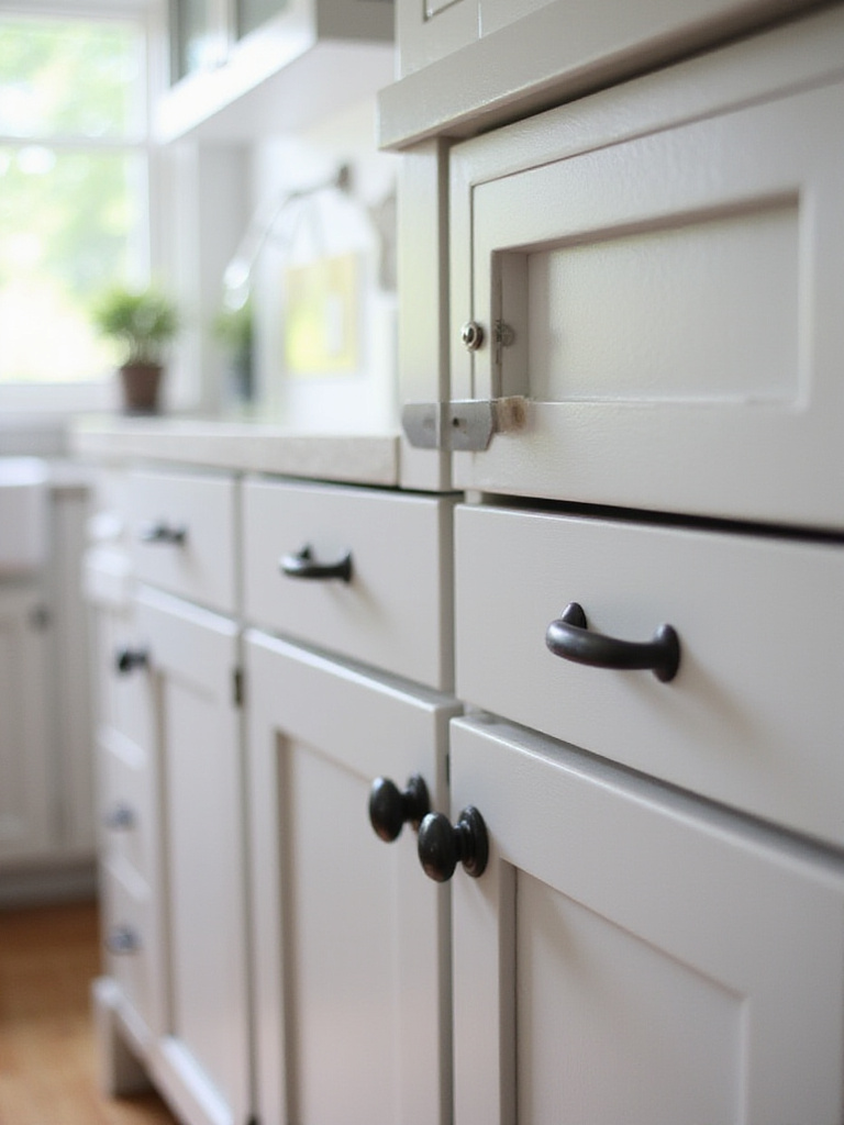 Modern kitchen with updated cabinet hardware showcasing brushed nickel pulls and black knobs.