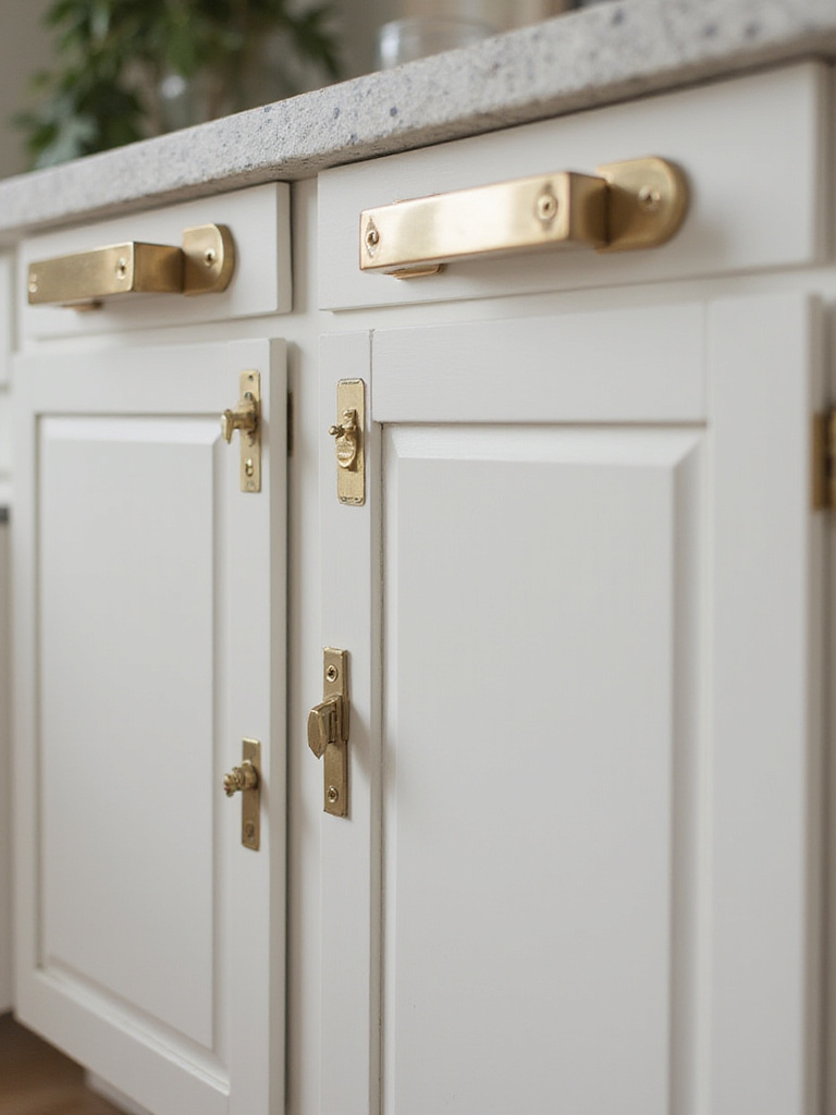 Close-up view of various cabinet hinge types on modern kitchen cabinets