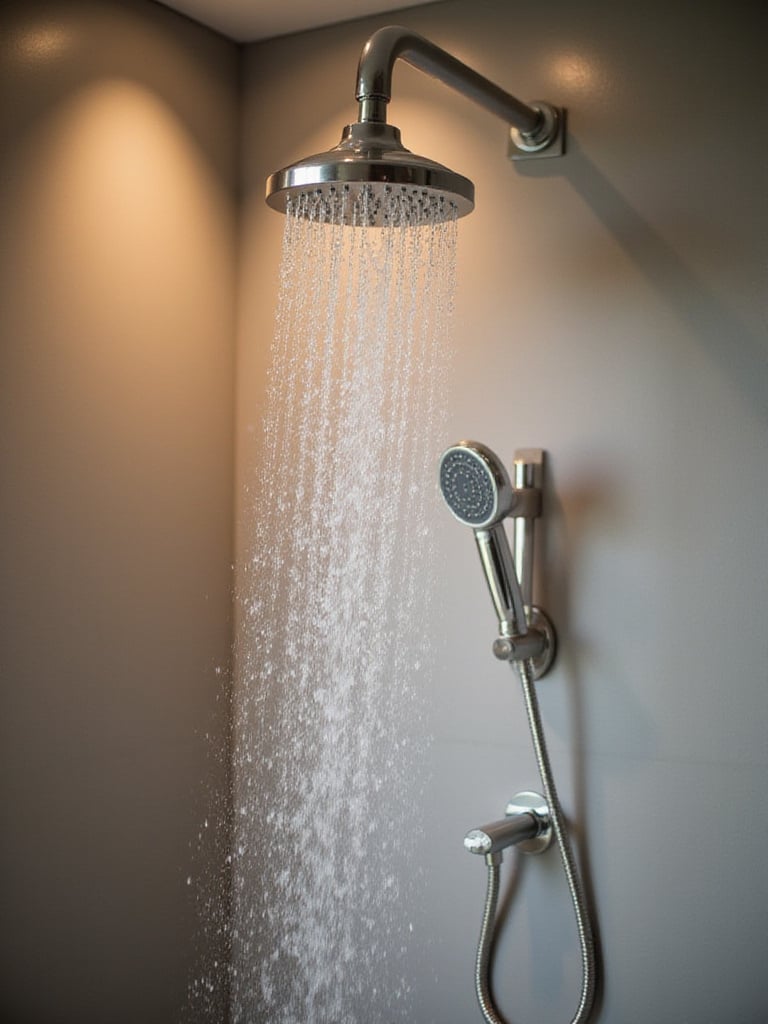 Luxurious bathroom shower featuring rain and handheld showerheads