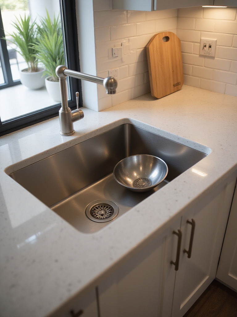 Modern kitchen featuring a sleek undermount workstation sink with integrated accessories