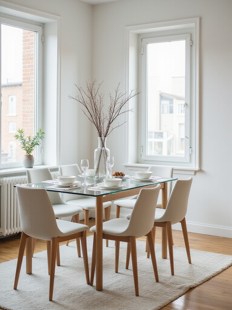 A stylish small dining room featuring a glass table top, emphasizing lightness and space.