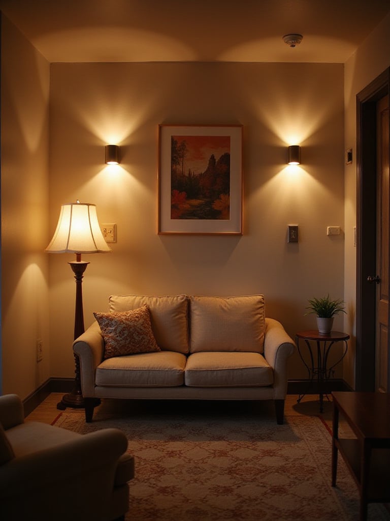Cozy small living room with uplighting techniques that enhance the atmosphere