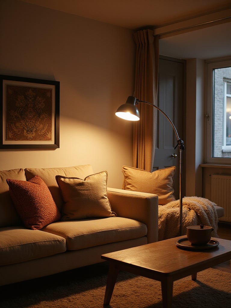 Cozy living room with a large arc floor lamp defining the conversation area.