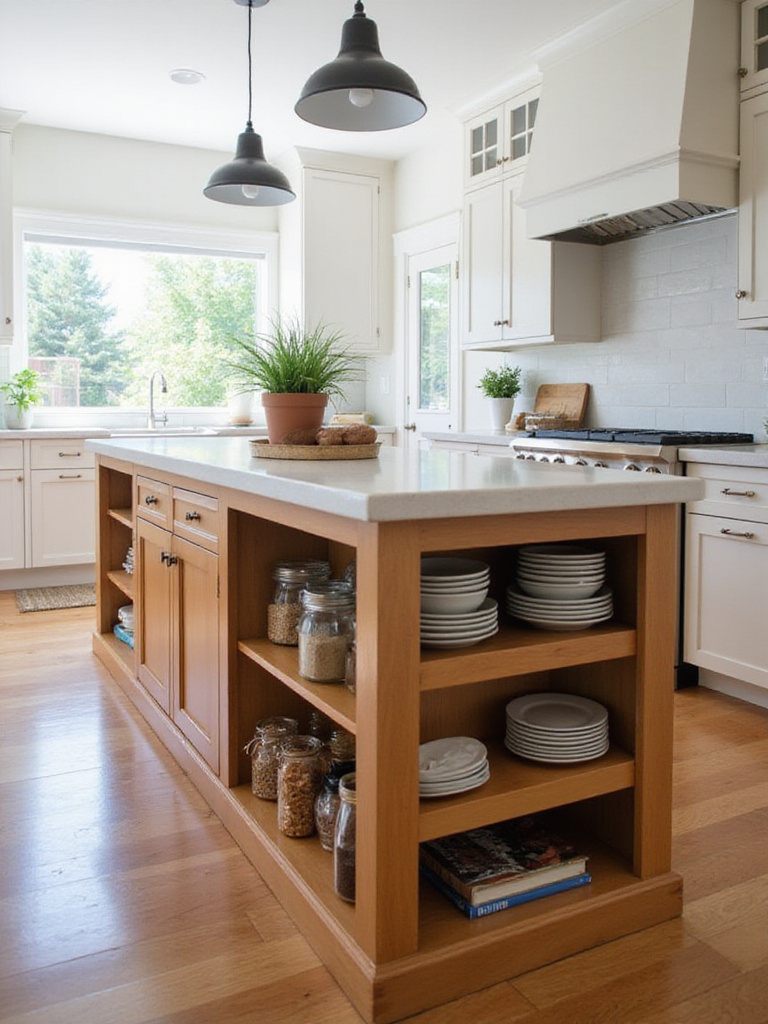 Stylish kitchen island with decorative end-caps showcasing plants and cookbooks