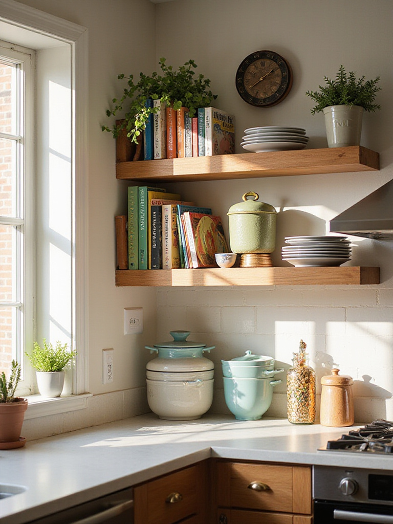 Modern kitchen island with open shelving displaying colorful cookbooks and decorative items.