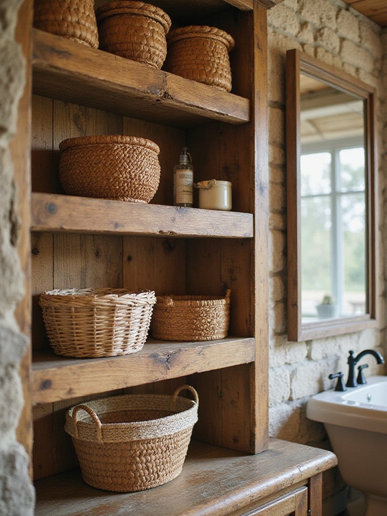 Rustic bathroom with open shelving and woven baskets