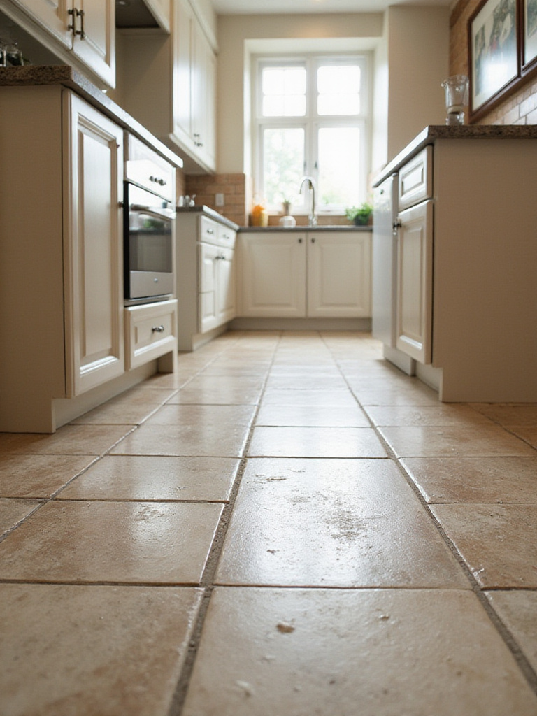A close-up of high water-resistant kitchen tile flooring highlighting the texture and grout lines.