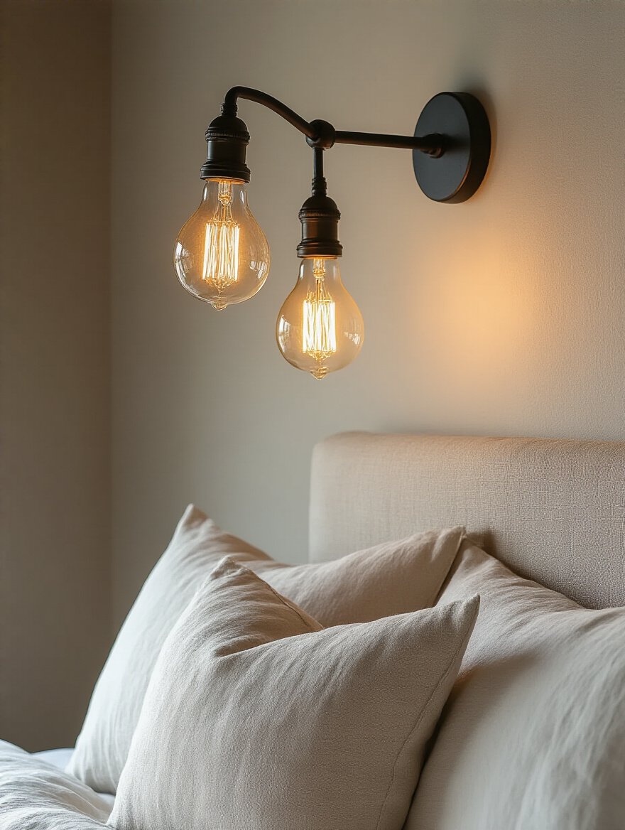 Farmhouse bedroom corner with matte black swing-arm sconce featuring warm glowing Edison bulb accent lighting
